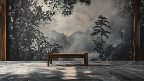 Silent bench gazes into mist-drenched monochrome forest dream.