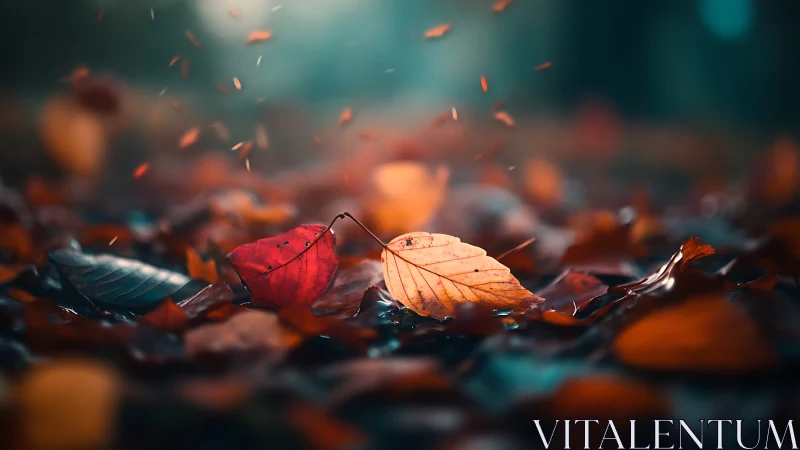 Fallen autumn leaves rest in soft bokeh light and misty air