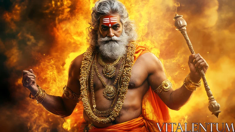 Powerful mythic sage in orange robes with fiery backdrop.