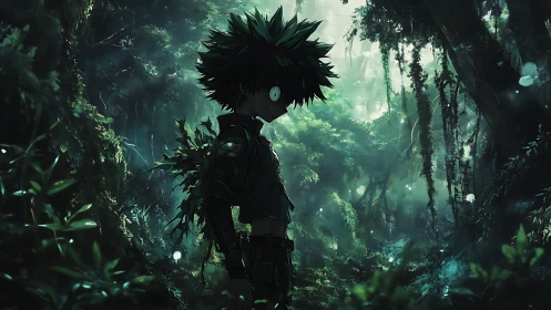 Quiet forest hero pausing in a dreamy emerald wilderness.