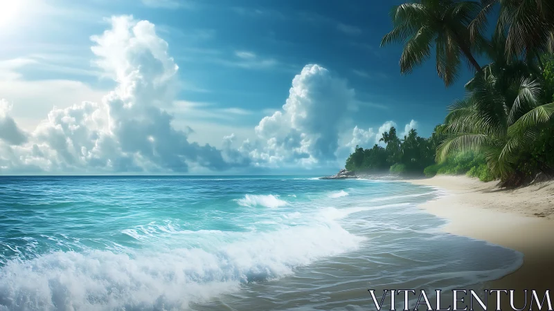 Tropical shoreline glows beneath towering summer clouds.