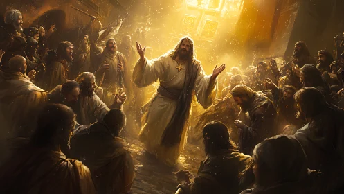 Central robed figure addressing followers in golden light scene.