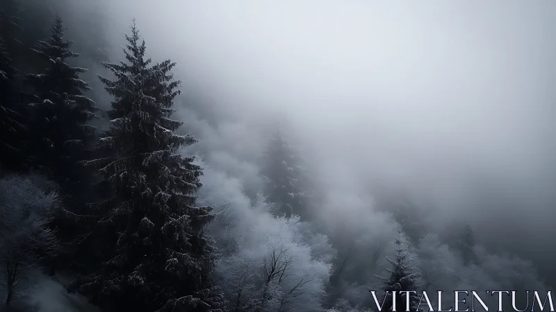 Snow-laden fir forest rising into dense mountain fog.