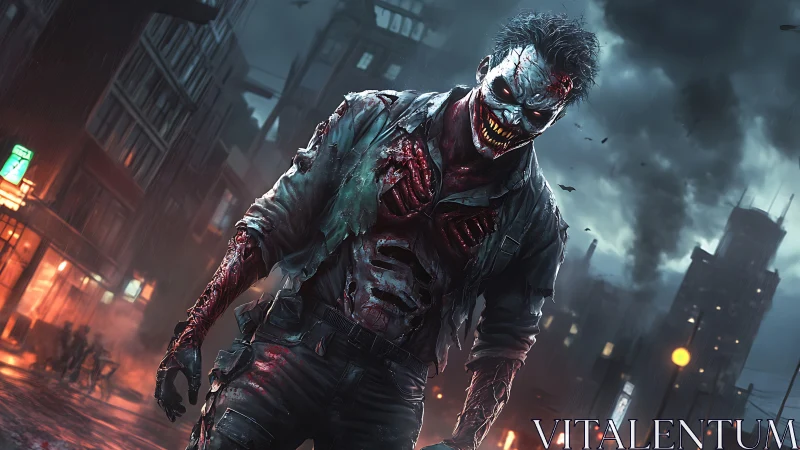 Grinning nightmare stalks neon alleys in storm-drenched ruins.