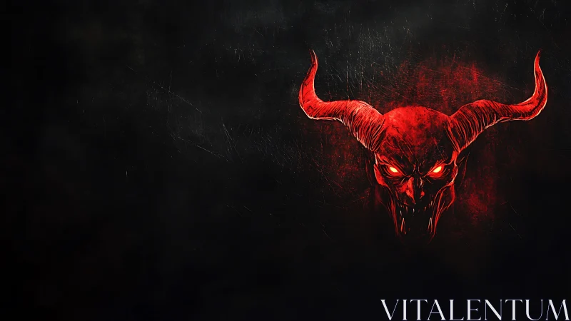 Glowing demonic skull with curved horns on textured dark field
