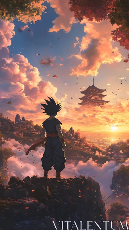 Warrior overlooks floating temple at radiant cloud sunset