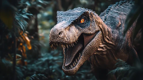 Hyperreal theropod predator in dense bioluminescent jungle