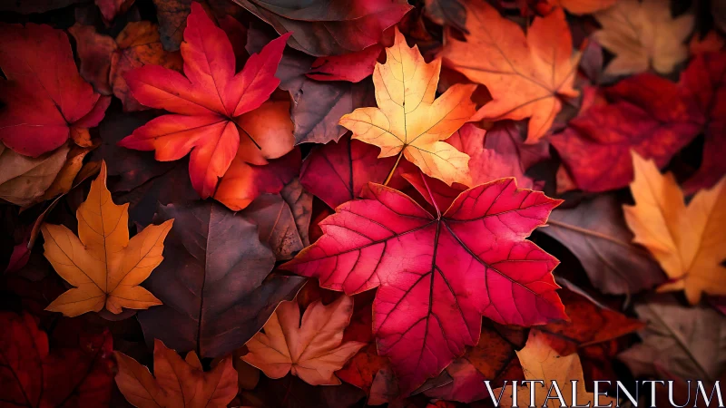 Autumn maple leaves in layered red, orange, and yellow tones.