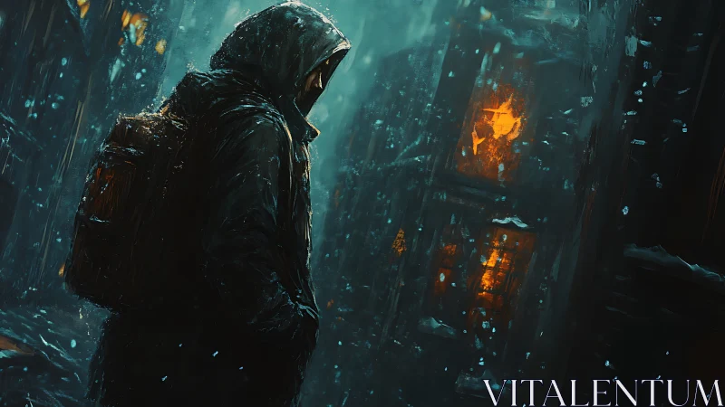 Hooded figure walking in wet night alley with lit windows.