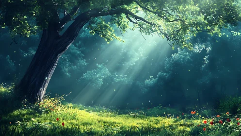Sunlit Forest Glade with Majestic Tree in Dreamy Art Style.