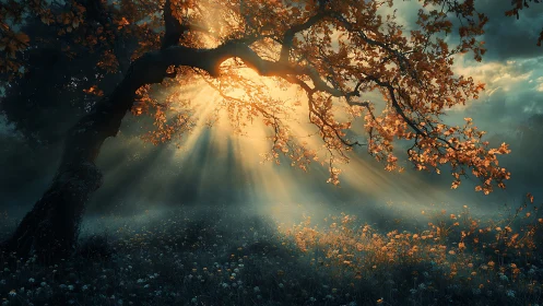 Backlit tree canopy with angled trunk over misty meadow.