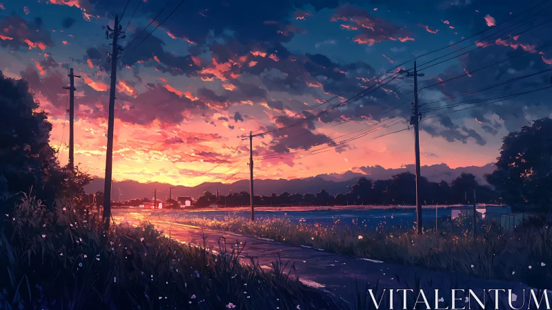Sunlit rural roadway under saturated anime dusk sky.