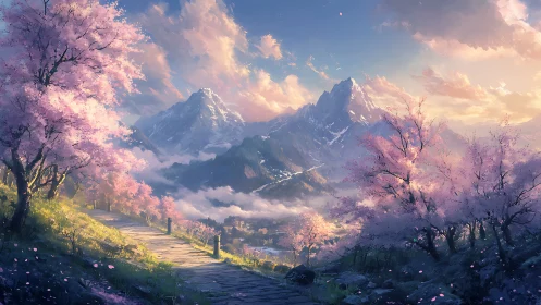 Mountain path winds through luminous cherry blossom valley