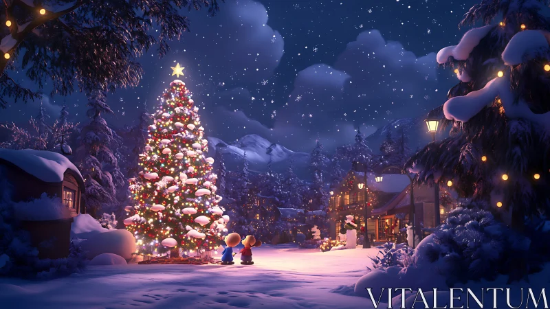 Snowy village Christmas tree glows under a starlit sky.
