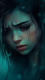 Melancholic girl in rain with cinematic teal lighting focus.
