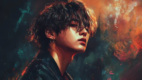 Moody digital portrait of young man in warm side light.