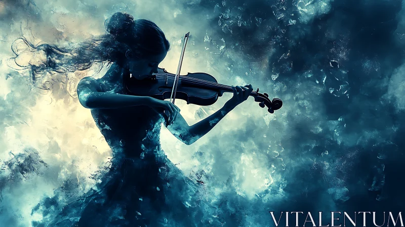 Ethereal violinist silhouette emerging from luminous blue mist