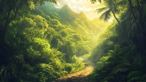 Luminous Jungle Valley: Golden Sunlight Through Mountain Pass.