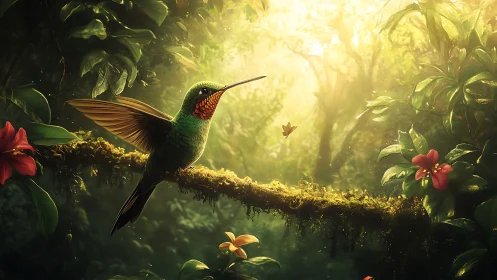 Emerald hummingbird on mossy jungle branch in warm light.
