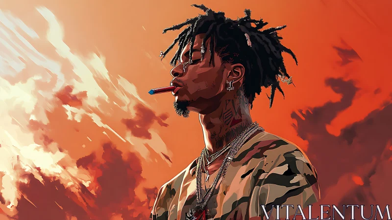 Sky-burnt rebel in camo drifting through molten dusk.