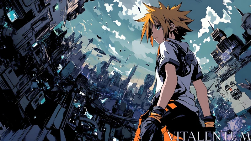 Angular anime figure surveys dense futuristic cityscape in dynamic tilt