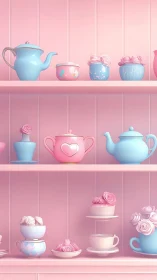 Pastel tea shelf of rosy cups, candy pots, and quiet charm.