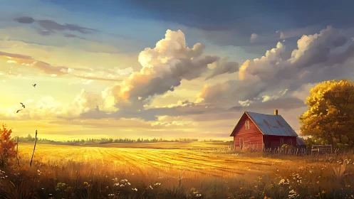 Golden hour rural field and red barn under expansive clouds