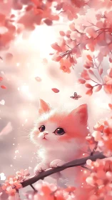 Cotton Bloom Guardian: Pink Kitten Among Cherry Petals.