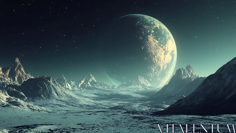 Icy alien terrain under large illuminated planet at night.