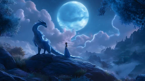 Lunar-lit draconic sentinel with cloaked figure on cliffside.