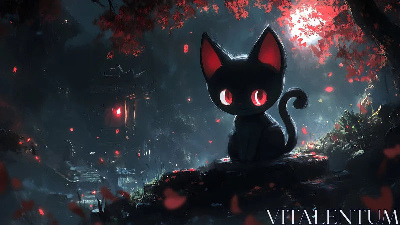 Moonlit forest kitten with glowing eyes and soft red magic.