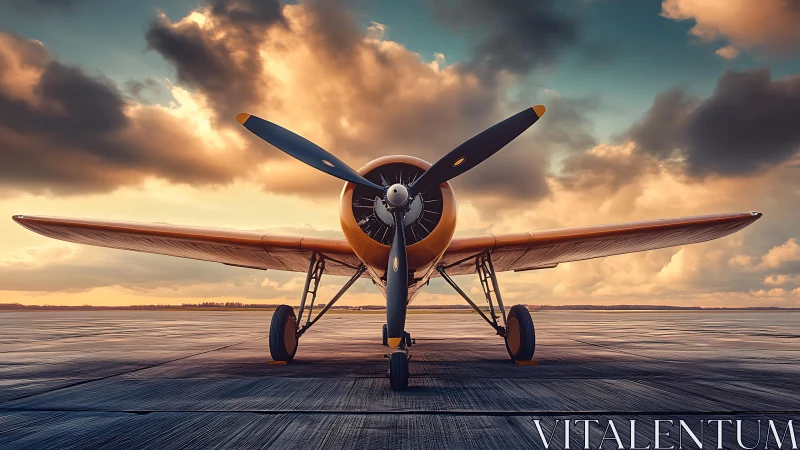 Vintage propeller aircraft under dramatic sunset sky.