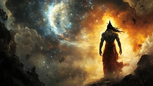 Celestial warrior walks between fire and swirling starlight