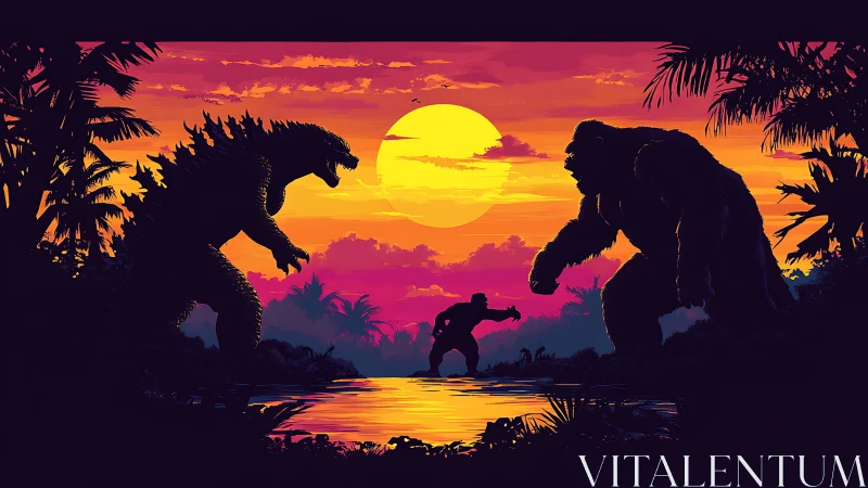 Colossal monsters confront each other under blazing tropical sunset