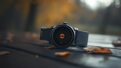 Sleek autumn watch resting on a wooden park table.