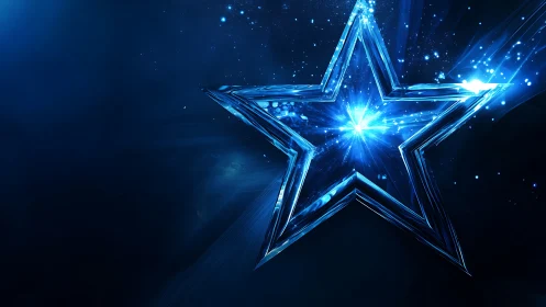 Luminous blue crystal star drifting through a quiet night sky.