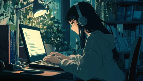Focused girl codes at laptop in plant filled night studio