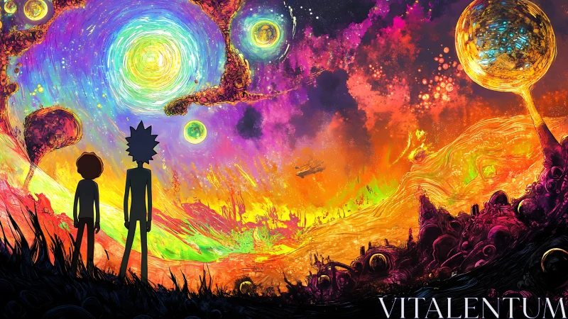 Psychedelic extraterrestrial landscape with silhouetted observers.