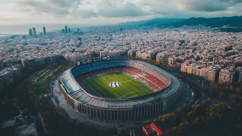 Sunset aerial view of grand urban football stadium bowl.