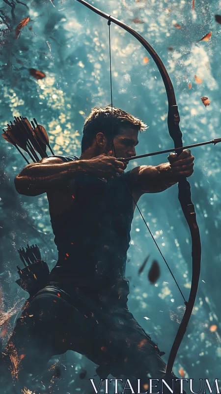 Male archer draws wooden bow in dramatic forest light.