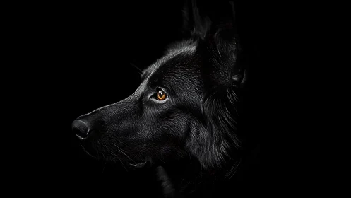 Black dog portrait glows against a dramatic dark void