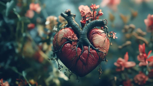 Heart-shaped organic form entwined with dark branches.