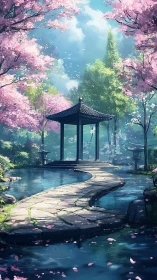 Curving stone path to a tranquil blossom garden pavilion.