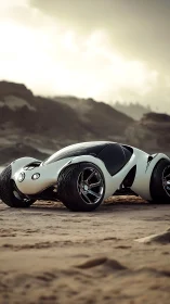 Futuristic off-road concept car rests on sandy coastal terrain