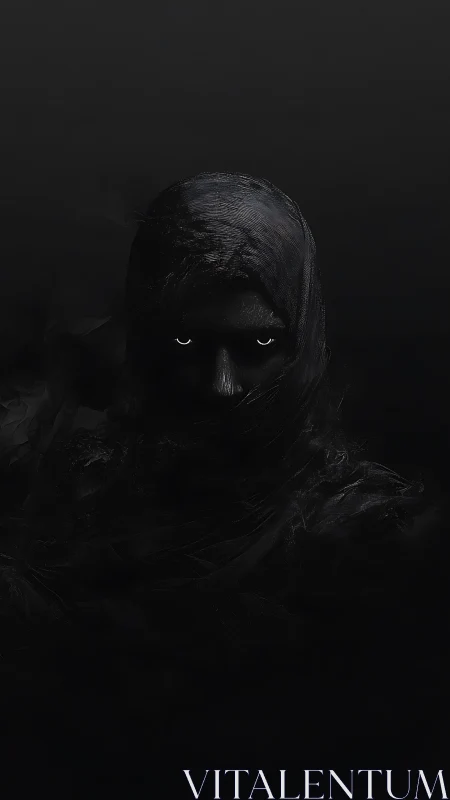 Veiled shadow figure with glowing eyes in liquid darkness.