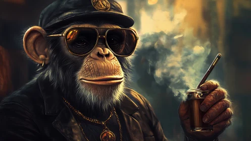 Cool chimp in leather jacket with smoking drink glass