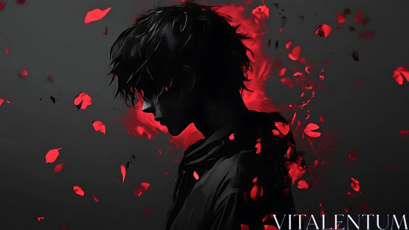 Shadowed youth exhales a storm of ember-bright petals