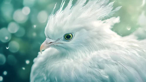 Majestic white bird with striking feathers in dreamy bokeh style.