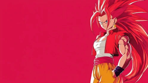 Scarlet-haired anime warrior against bold crimson void.