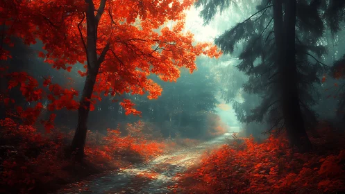 Autumn Forest Path with Luminous Red Canopy and Mist
